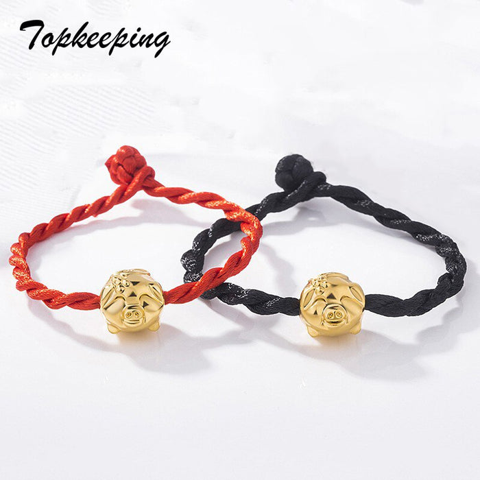 Gold Color Small Pig Zodiac Red & Black Rope Bracelet