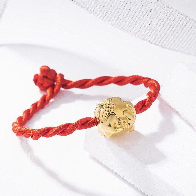 Gold Color Small Pig Zodiac Red & Black Rope Bracelet