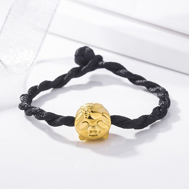 Gold Color Small Pig Zodiac Red & Black Rope Bracelet