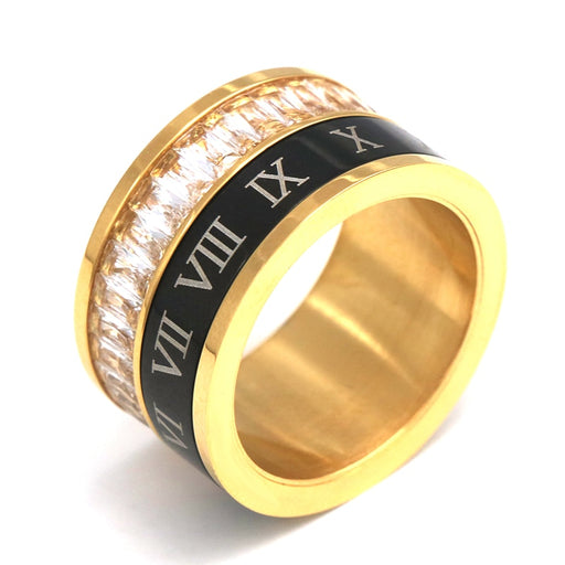 Gold Color Stainless Steel Crystal And Romal Numberal Ring