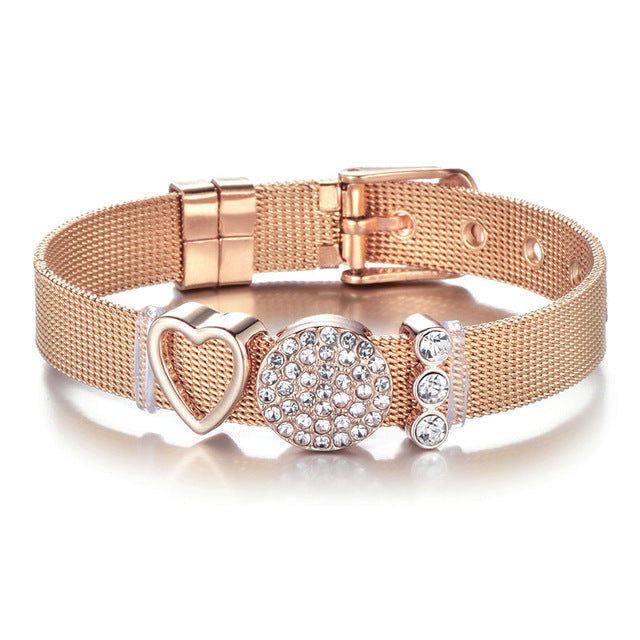 Stainless Steel Mesh Rose Gold Crystal Bracelet